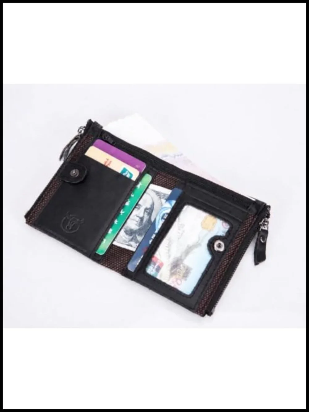 Genuine Leather Bifold Wallet with Double Zipper Pockets